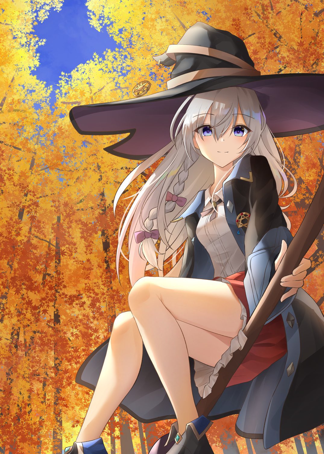 1girl, autumn_leaves, black_footwear, black_headwear, black_neckwear, black_robe, blue_eyes, boots