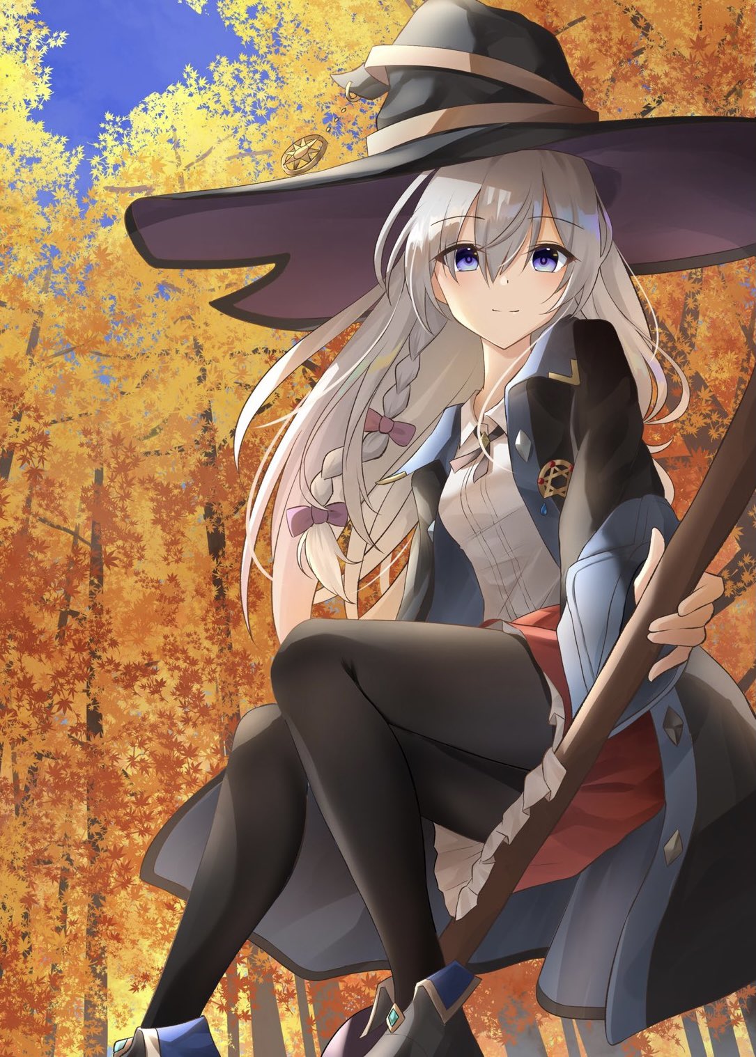 1girl, autumn_leaves, black_footwear, black_headwear, black_legwear, black_neckwear, black_robe, blue_eyes, boots, broom, broom_riding, elaina_(majo_no_tabitabi), eyebrows_visible_through_hair, hat, highres, kanaria_(kanari_as), leaf, looking_at_viewer, majo_no_tabitabi, maple_leaf, open_clothes, open_robe, red_skirt, robe, shirt, silver_hair, skirt, solo, thighs, white_shirt, witch, witch_hat
