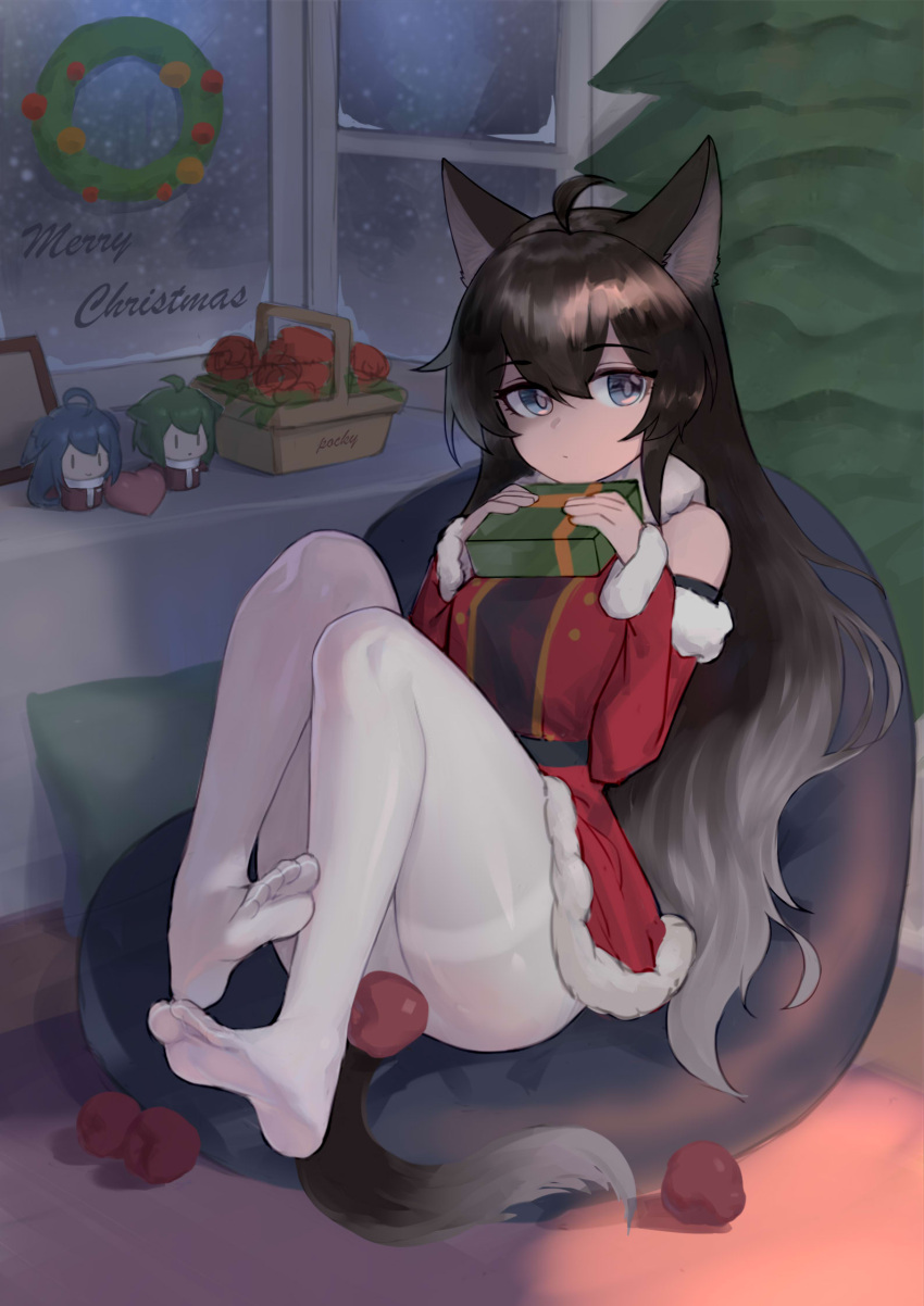 1girl, animal_ears, apple, bare_shoulders, black_hair, cat_ears, cat_girl, christmas, christmas_ornaments, detached_sleeves, dress, feet, food, fruit, full_body, fur-trimmed_dress, fur_trim, gift, highres, little_nine, long_hair, looking_at_viewer, merry_christmas, no_shoes, original, pantyhose, santa_costume, soles, thigh-highs, white_legwear
