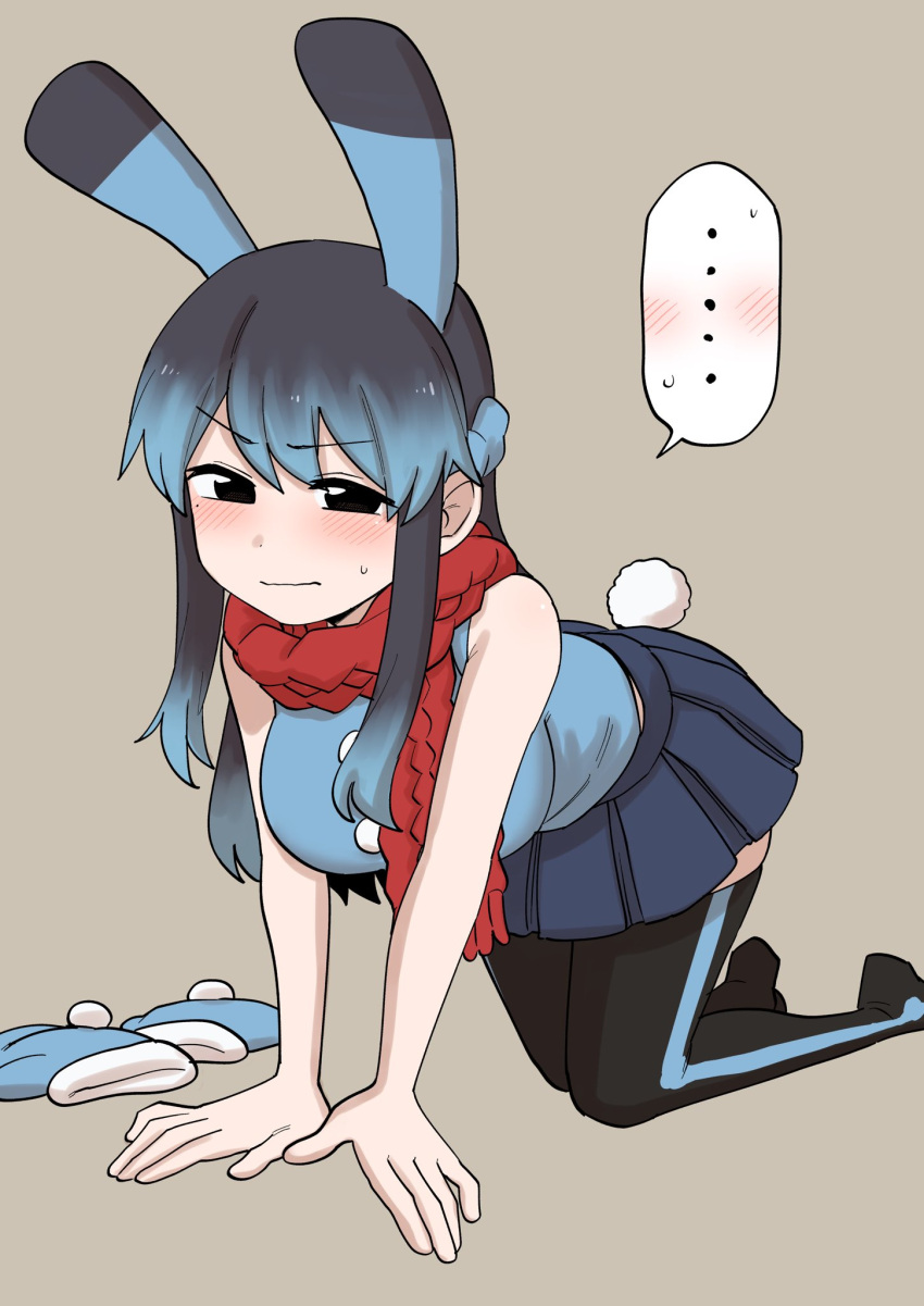 ..., 1girl, all_fours, black_eyes, black_hair, black_legwear, blue_hair, blush