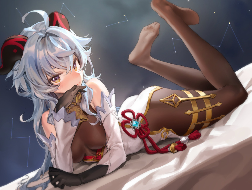 1girl, absurdres, ahoge, ass, bare_shoulders, bed_sheet, black_gloves, blush