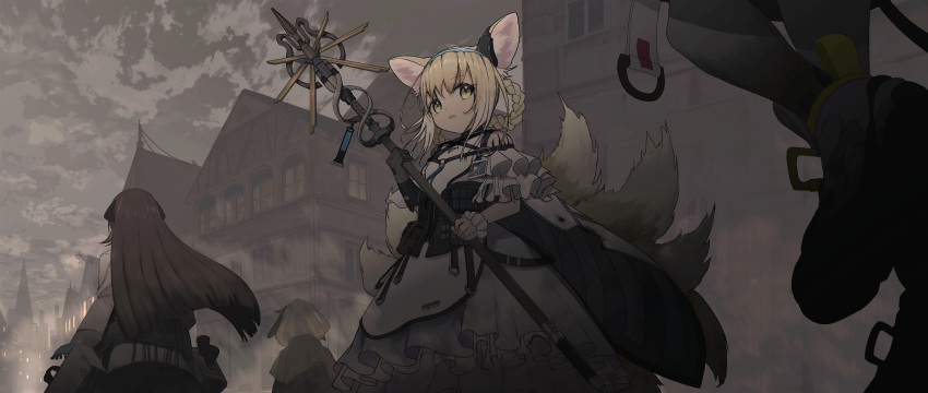 1boy, 3girls, animal_ears, arknights, ayerscarpe_(arknights), black_gloves, blonde_hair, blue_gloves