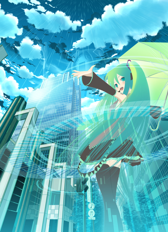 cloud, clouds, detached_sleeves, hachune_miku, hachune_miku_(cameo), hatsune_miku, melt_(vocaloid), rain