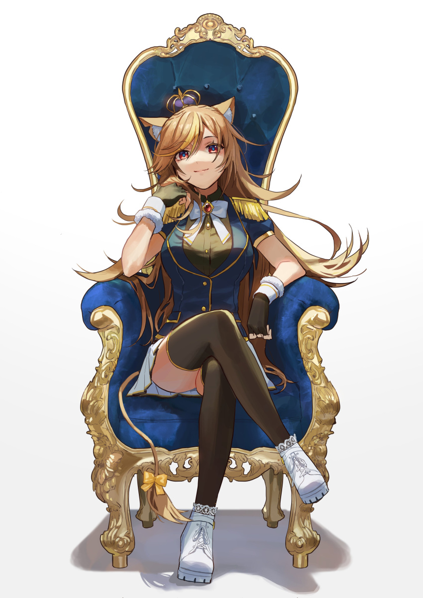 1girl, absurdres, animal_ear_fluff, animal_ears, bangs, black_gloves, bow, breasts, commentary, cross-laced_footwear, crossed_legs, crown, english_commentary, epaulettes, eyebrows_visible_through_hair, facing_viewer, fingerless_gloves, gloves, hazumi_aileen, highres, indie_virtual_youtuber, jewelry, kingdom_hearts, light_brown_hair, lion_tail, looking_at_viewer, medium_breasts, parody, parted_bangs, pote-mm, red_eyes, shoes, short_sleeves, sitting, solo, swept_bangs, tail, tail_bow, tail_ornament, thigh-highs, throne, virtual_youtuber, white_footwear, white_legwear, yellow_bow