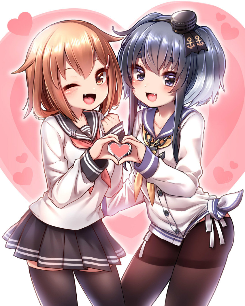 2girls, anchor, anchor_symbol, black_hair, black_legwear, blush, brown_eyes, brown_hair