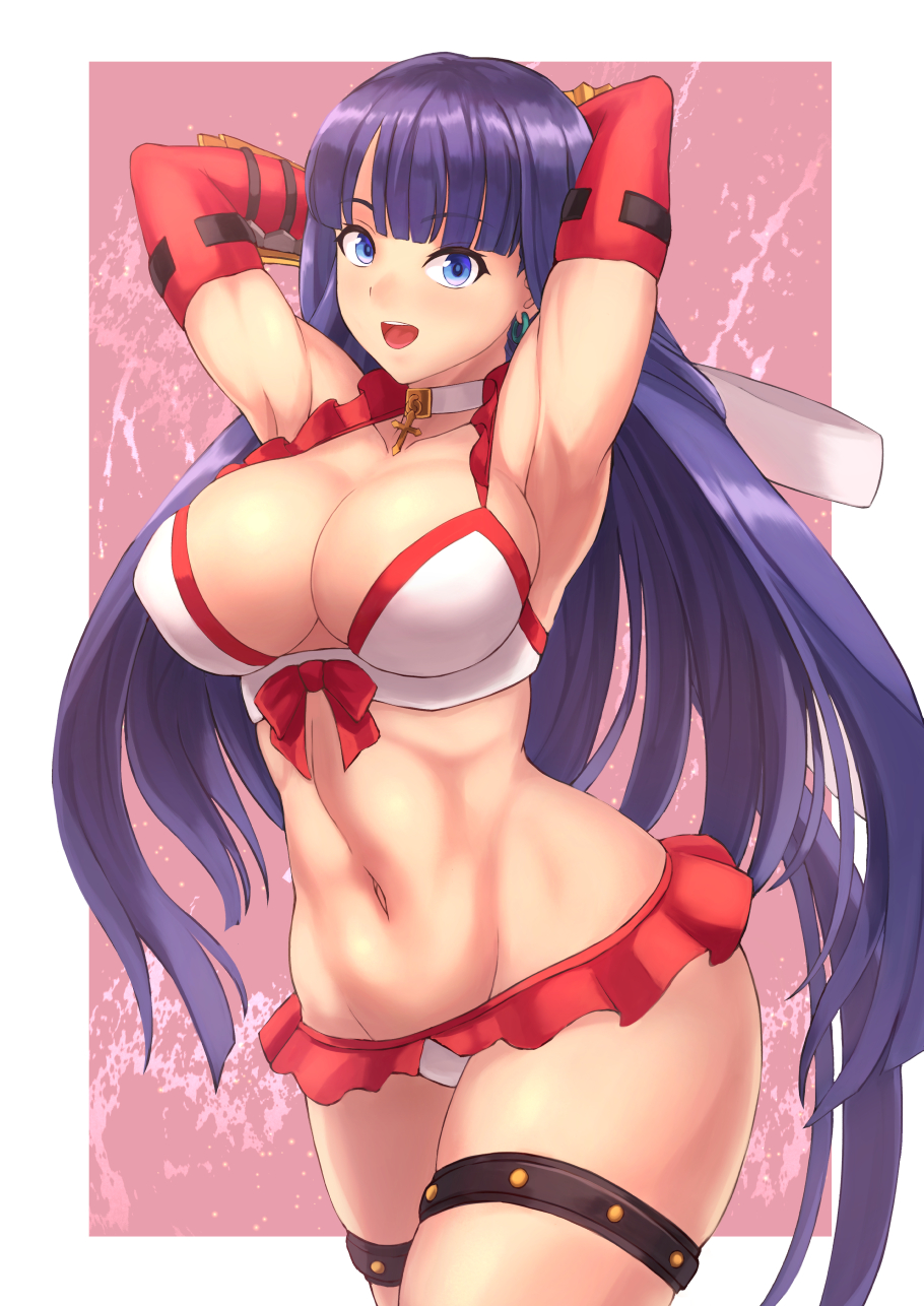 1girl, armpits, arms_up, bangs, bikini, blue_eyes, blush, breasts, cross_choker, elbow_gloves, fate/grand_order, fate_(series), frilled_bikini, frills, gloves, highres, kanki_(kibunhasaikou), large_breasts, long_hair, looking_at_viewer, navel, open_mouth, purple_hair, red_gloves, saint_martha, saint_martha_(swimsuit_ruler)_(fate), smile, solo, swimsuit, thigh_strap