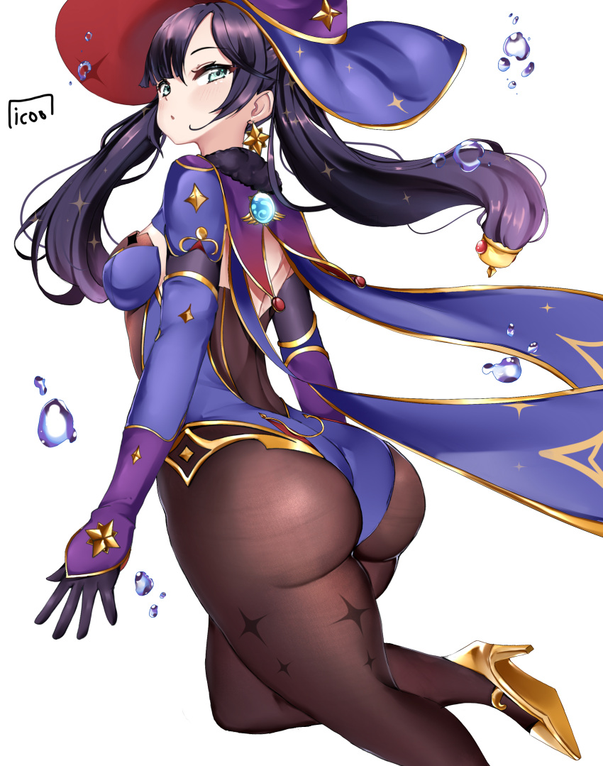 1girl, :o, absurdres, aqua_eyes, artist_name, ass, black_legwear, blush