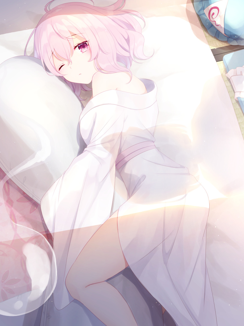 2girls, absurdres, ahoge, alternate_costume, bare_legs, bed, blue_kimono, blush, body_pillow, closed_mouth, clothes_removed, commentary, eyebrows_visible_through_hair, feet_out_of_frame, floral_print, frilled_hat, frills, from_above, futon, ghost, hair_ribbon, hat, highres, hitodama, indoors, japanese_clothes, kimono, konpaku_youmu, konpaku_youmu_(ghost), light, light_particles, long_sleeves, looking_at_viewer, lying, mob_cap, morning, multiple_girls, object_hug, off-shoulder_kimono, on_bed, on_side, one_eye_closed, pillow, pillow_hug, pink_eyes, pink_hair, ribbon, saigyouji_yuyuko, sash, shadow, shinketsu_kanyu, short_hair, sidelocks, silhouette, sleepy, solo_focus, tatami, touhou, triangular_headpiece, waking_another, waking_up, white_kimono, wide_sleeves