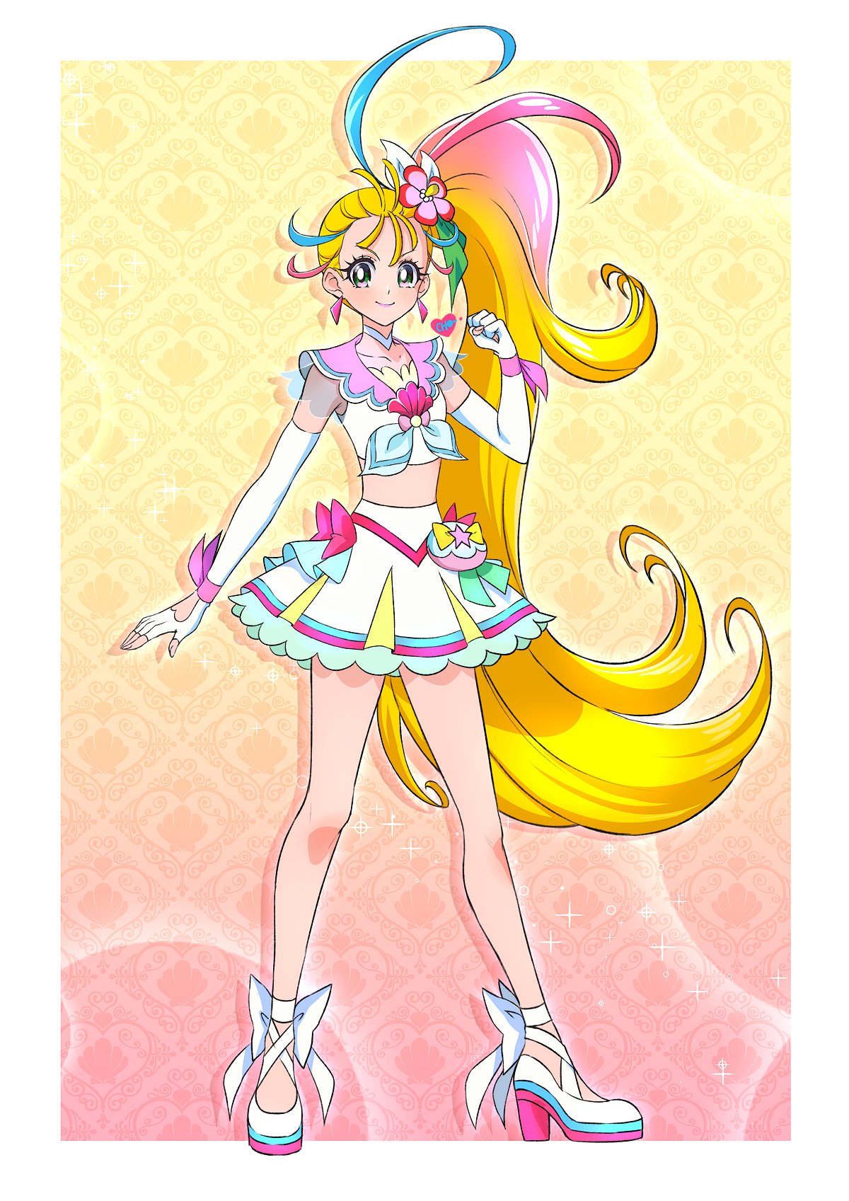 1girl, artist_name, bare_legs, bare_shoulders, barefoot, blonde_hair, blue_hair, blush