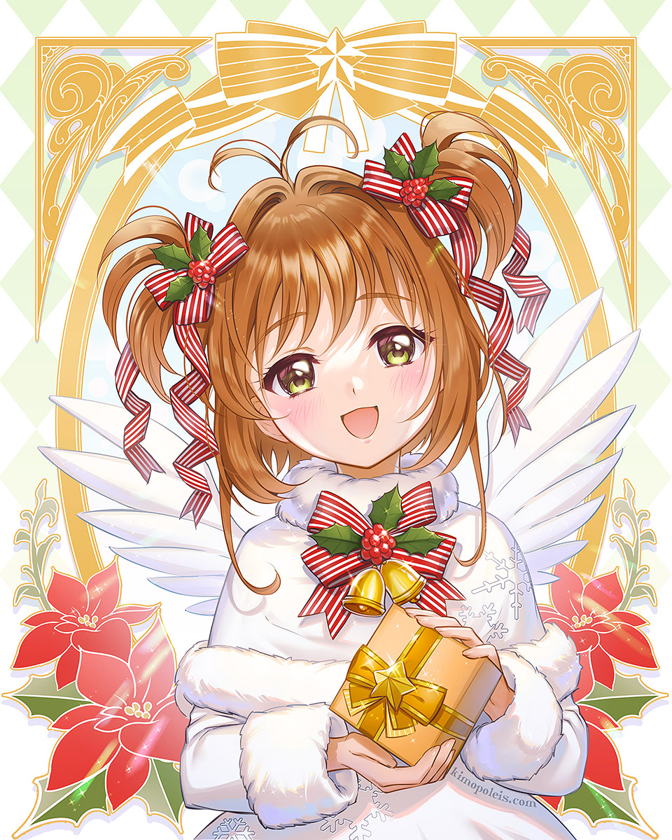 1girl, :d, antenna_hair, bangs, blush, bow, box, brown_hair