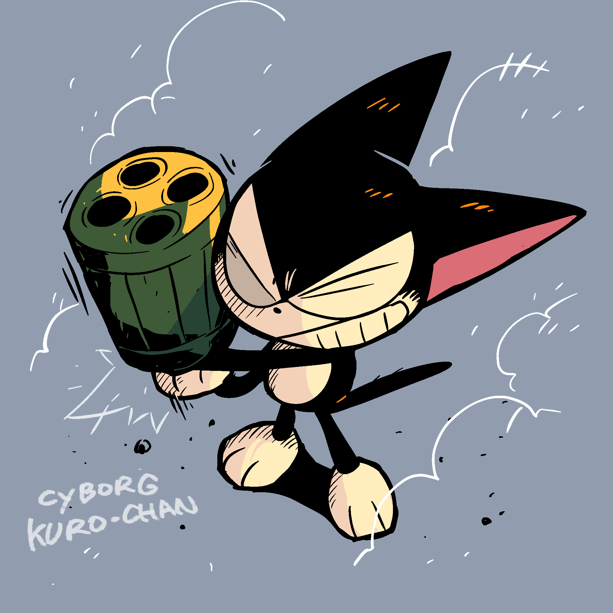 cat, commentary, copyright_name, cyborg_kuro-chan, full_body, gun, highres, holding