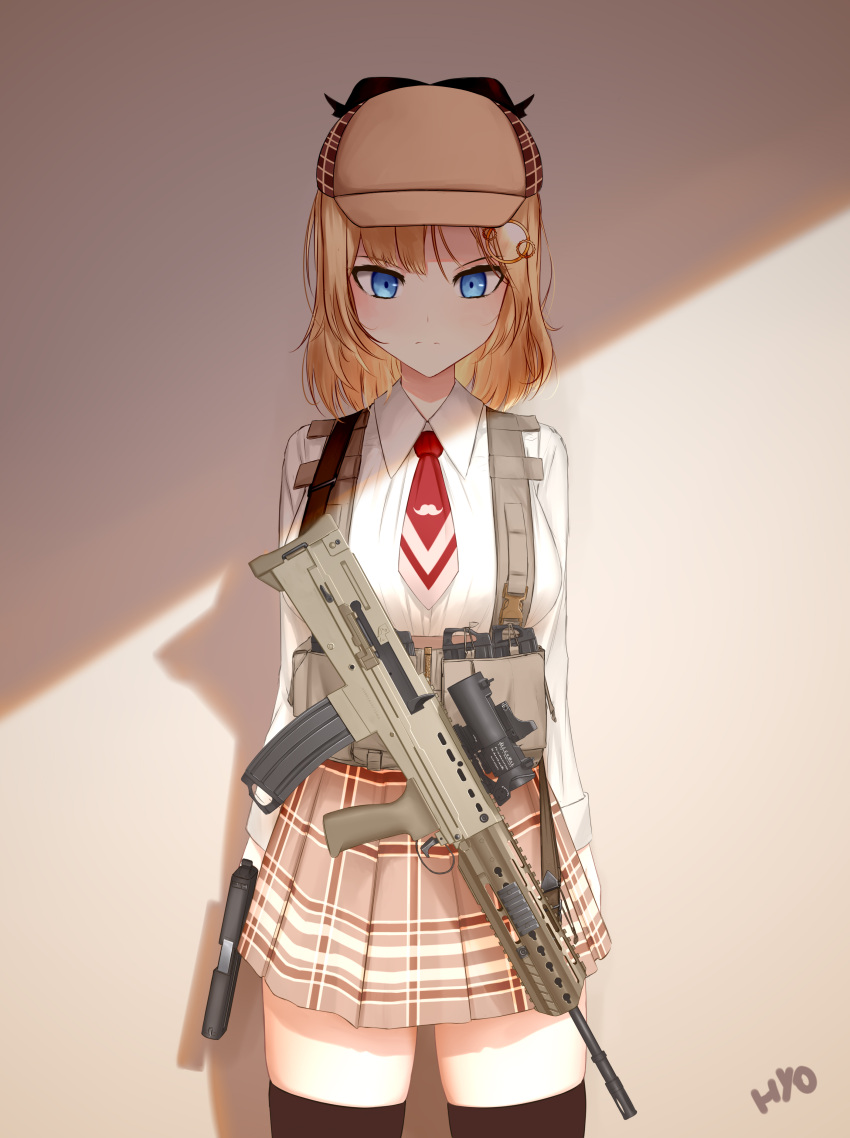 1girl, absurdres, assault_rifle, bangs, black_legwear, blonde_hair, blue_eyes, brown_skirt, closed_mouth, collared_shirt, commentary, cowboy_shot, deerstalker, gun, hair_ornament, hairclip, handgun, hat, highres, holding, holding_gun, holding_weapon, hololive, hololive_english, hyo, long_sleeves, looking_at_viewer, medium_hair, monocle_hair_ornament, mustache_print, necktie, pistol, plaid, plaid_skirt, pleated_skirt, red_neckwear, rifle, shirt, short_necktie, skirt, solo, standing, thigh-highs, virtual_youtuber, watson_amelia, weapon, weapon_request, white_shirt, zettai_ryouiki
