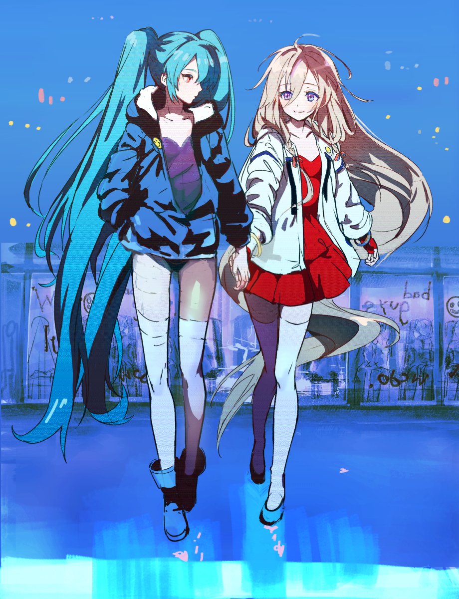 2girls, andedalive, aqua_hair, blue_background, blue_eyes, boots, bracelet, dress, full_body, hatsune_miku, highres, holding_hands, hood, hooded_jacket, ia_(vocaloid), jacket, jewelry, leotard, long_hair, looking_at_viewer, multiple_girls, pink_eyes, platinum_blonde_hair, purple_leotard, red_dress, smile, thigh-highs, twintails, very_long_hair, vocaloid, walking, white_jacket, white_legwear, zettai_ryouiki
