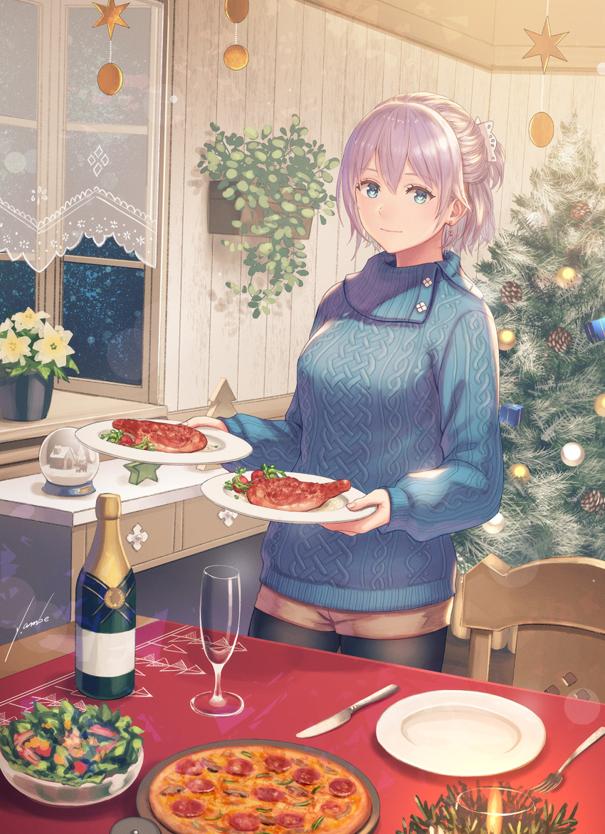 1girl, alcohol, anbe_yoshirou, aqua_eyes, black_legwear, bottle, cable_knit, champagne, champagne_flute, christmas, christmas_tree, cup, drinking_glass, flower, food, highres, holding, holding_plate, indoors, knife, legwear_under_shorts, looking_at_viewer, meat, medium_hair, original, pantyhose, pizza, pizza_cutter, plant, plate, potted_plant, salad, short_shorts, shorts, silver_hair, snow_globe, solo, sweater, table, window