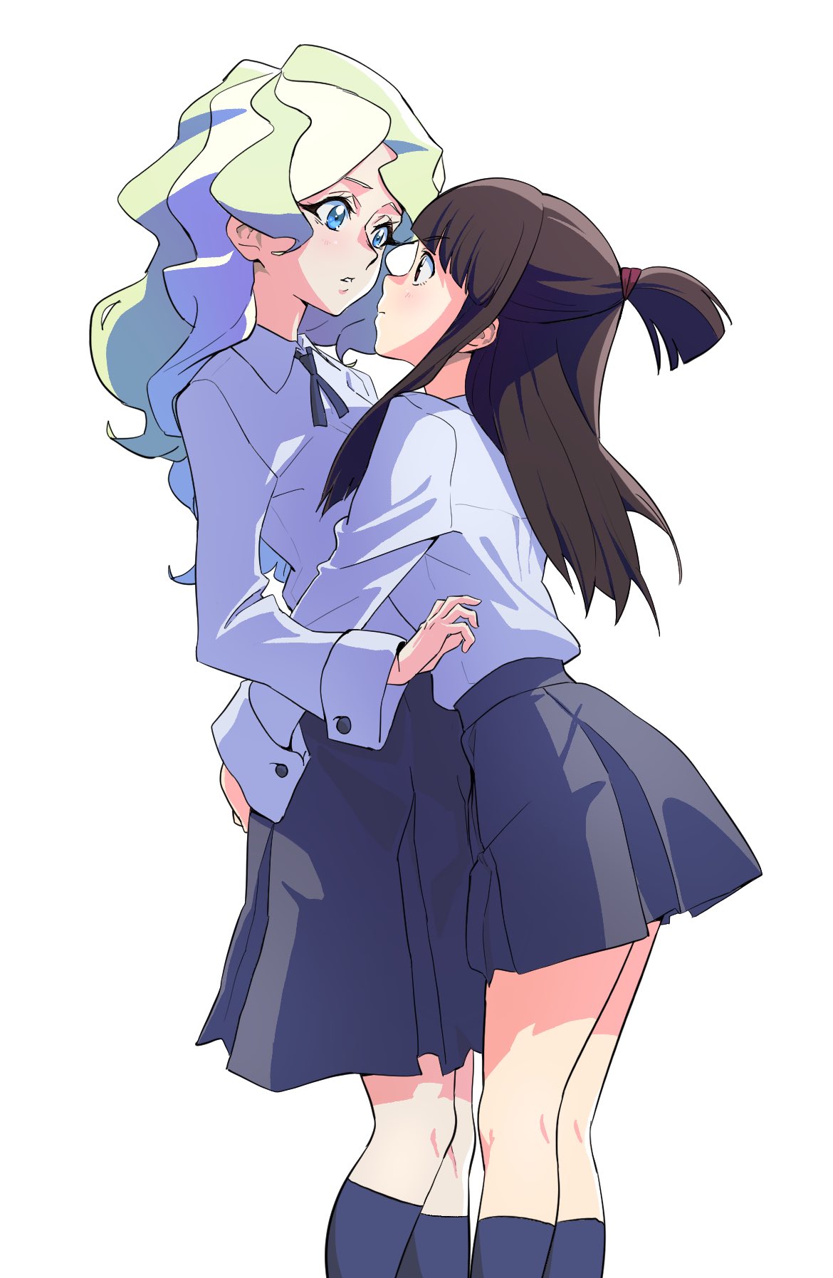 2girls, bangs, blonde_hair, blue_footwear, blue_skirt, blunt_bangs, brown_hair, collared_shirt