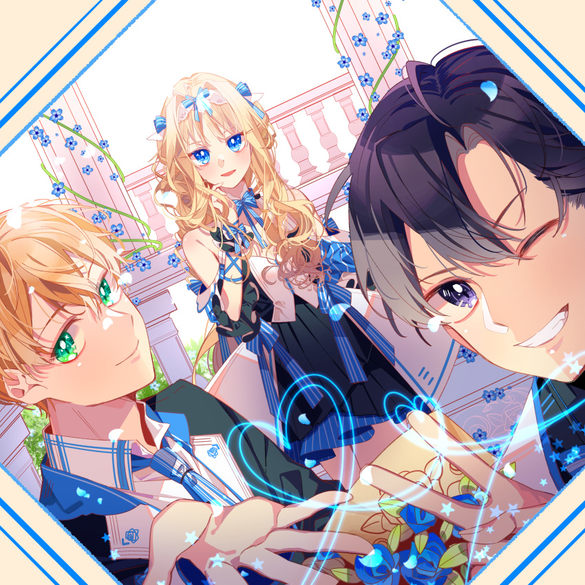 1girl, 2boys, :d, absurdres, alice_zuberg, blonde_hair, blue_bow, blue_eyes