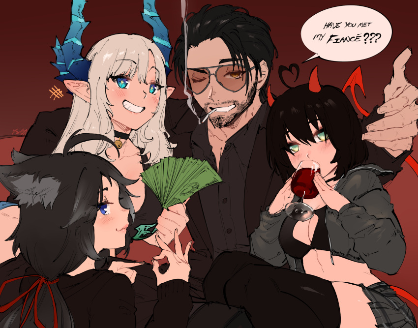 alcohol, bangs, black_hair, blush, breasts, demon_girl, dragon_girl, elf