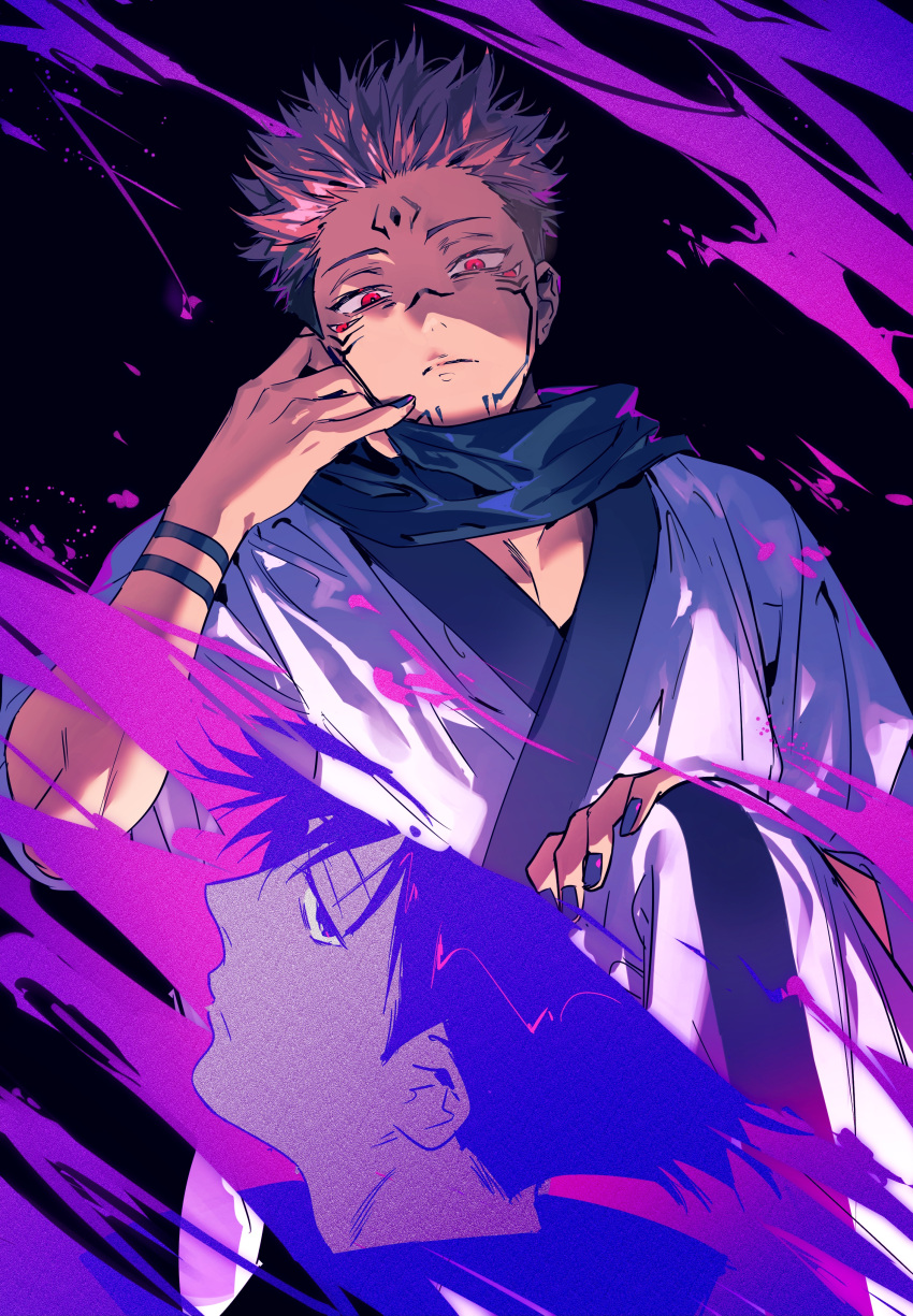 2boys, absurdres, bikkusama, black_background, black_eyes, black_hair, black_nails, black_scarf