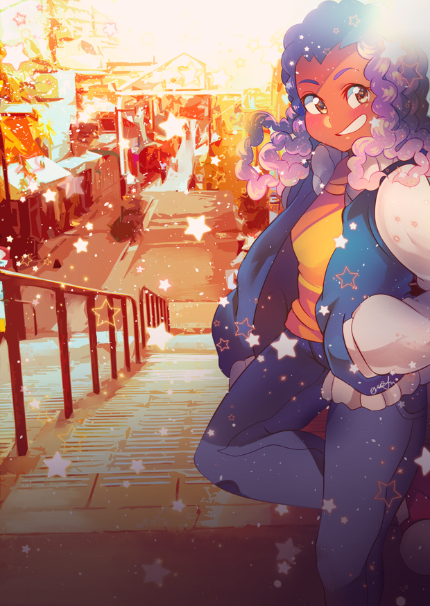 1girl, blush, braid, breasts, brown_eyes, denim, floating_hair, hands_in_pockets