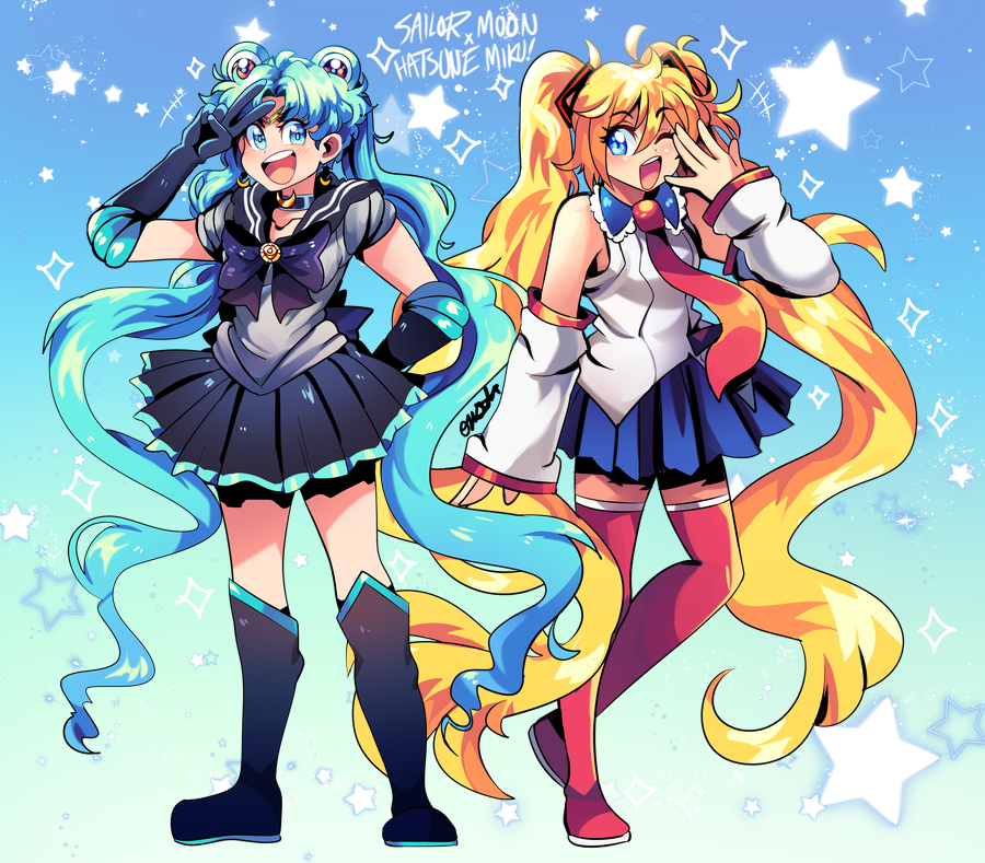 2girls, alternate_hairstyle, bangs, bishoujo_senshi_sailor_moon, black_gloves, black_skirt, blonde_hair, blue_eyes