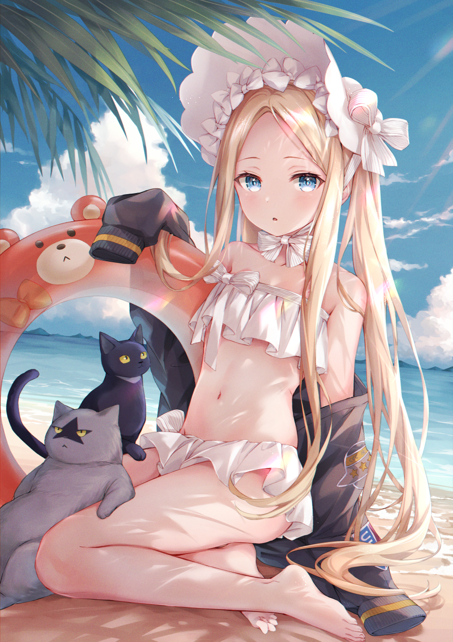 1girl, abigail_williams_(swimsuit_foreigner)_(fate), annoyed, bangs, bare_legs, bare_shoulders, barefoot, beach