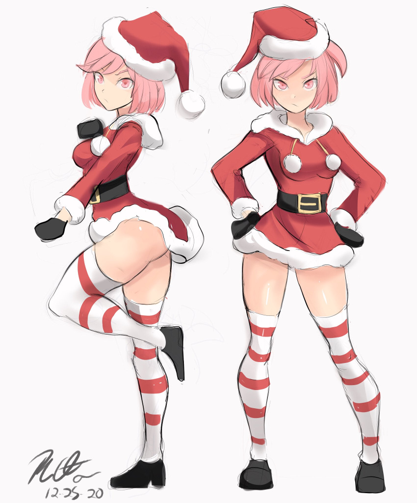 1girl, belt, black_gloves, breasts, christmas, commentary, doki_doki_literature_club, dress