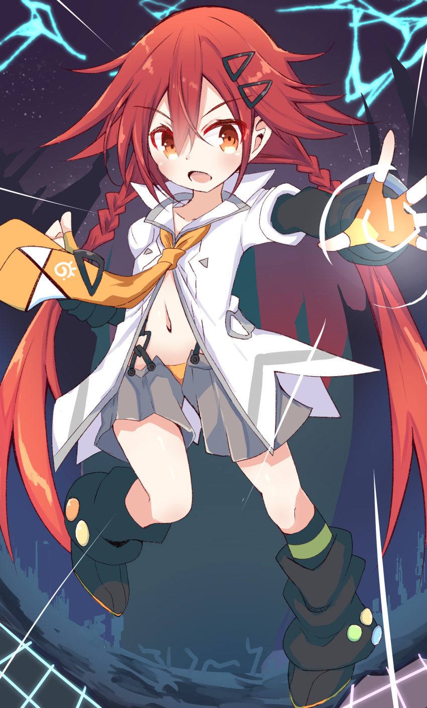 1girl, absurdres, blush, braid, fingerless_gloves, gloves, hair_between_eyes, hair_ornament, hairclip, highres, long_hair, looking_at_viewer, midriff, navel, necktie, neptune_(series), open_mouth, orange_eyes, orange_neckwear, redhead, shimeji_wyvern, shin_jigen_game_neptune_vii, shirt, skirt, smile, solo, suspender_skirt, suspenders, tennouboshi_uzume, twin_braids, twintails, underwear, very_long_hair, white_shirt