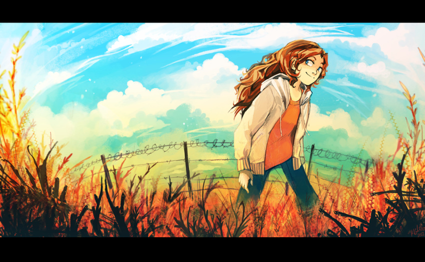 1girl, blue_eyes, brown_hair, commentary, day, english_commentary, fence, flat_chest