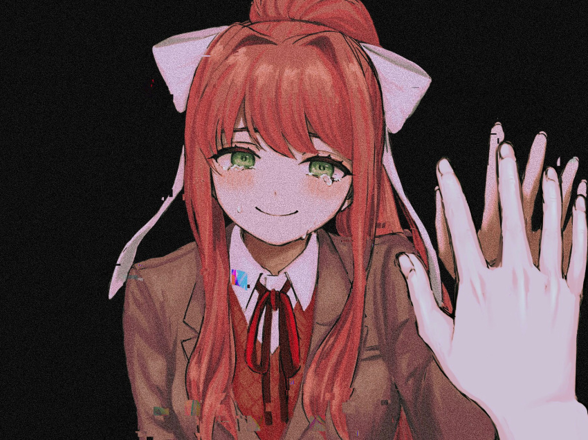 1girl, black_background, blazer, bow, brown_jacket, commentary, crying, crying_with_eyes_open