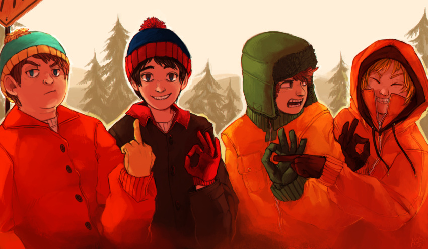 4boys, ^_^, beanie, blonde_hair, brown_hair, closed_eyes, commentary, day