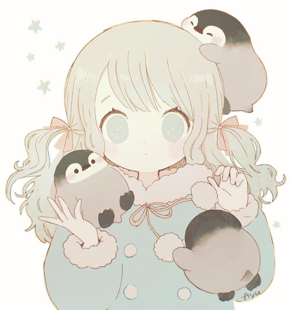 1girl, animal, ayu_(mog), bird, blue_coat, blush, bow, closed_mouth