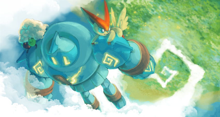blue_eyes, commentary, cottonee, creature, day, english_commentary, gen_5_pokemon, golurk
