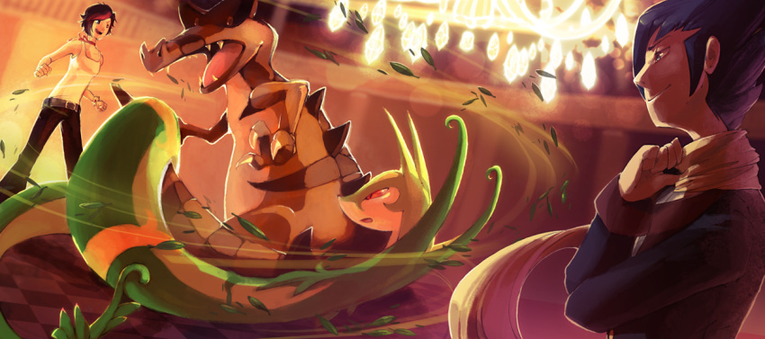 1boy, 1girl, battle, belt, black_hair, breasts, commentary, creature