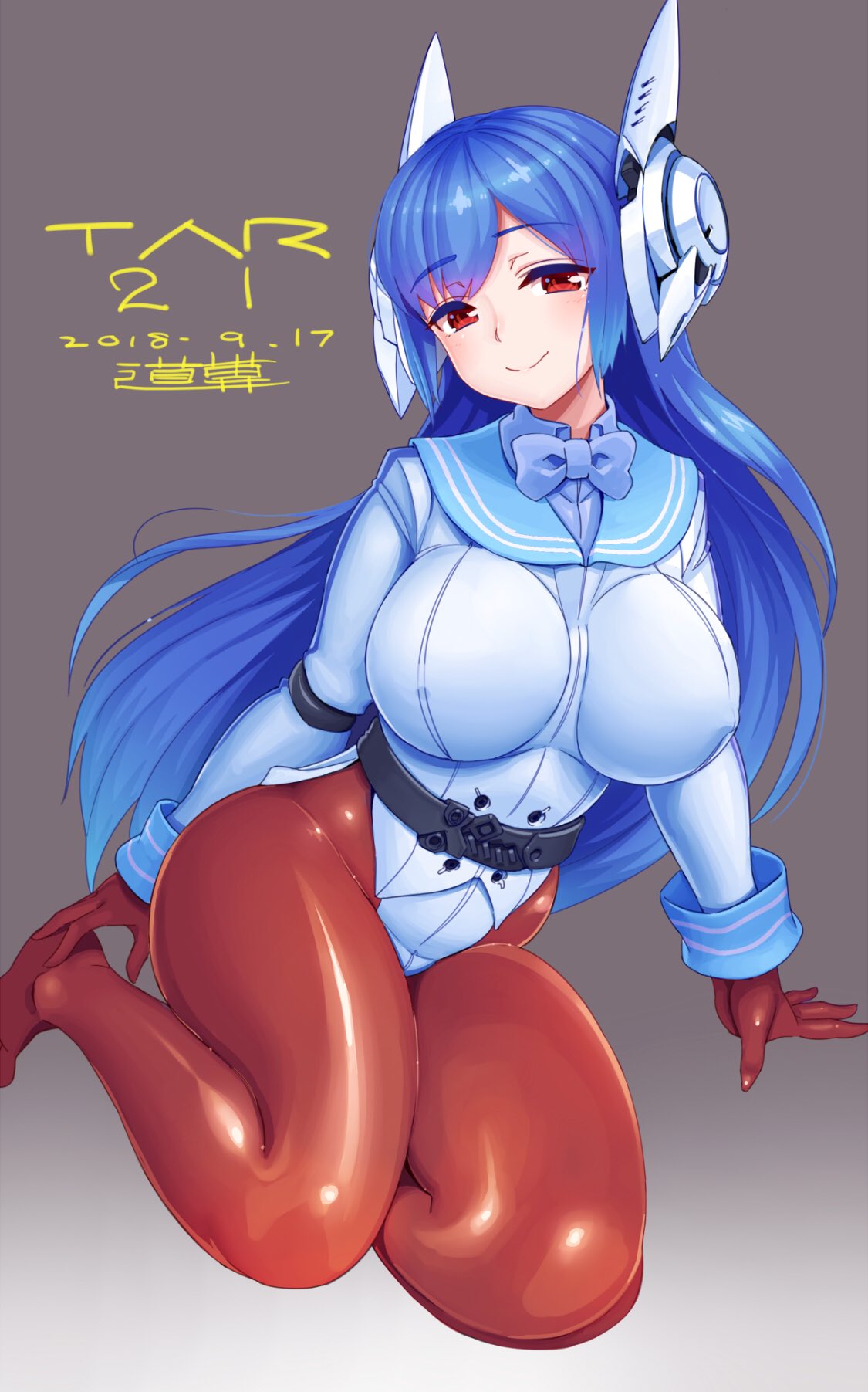 1girl, bangs, blue_hair, blue_neckwear, bodysuit_under_clothes, bow, bowtie, breasts
