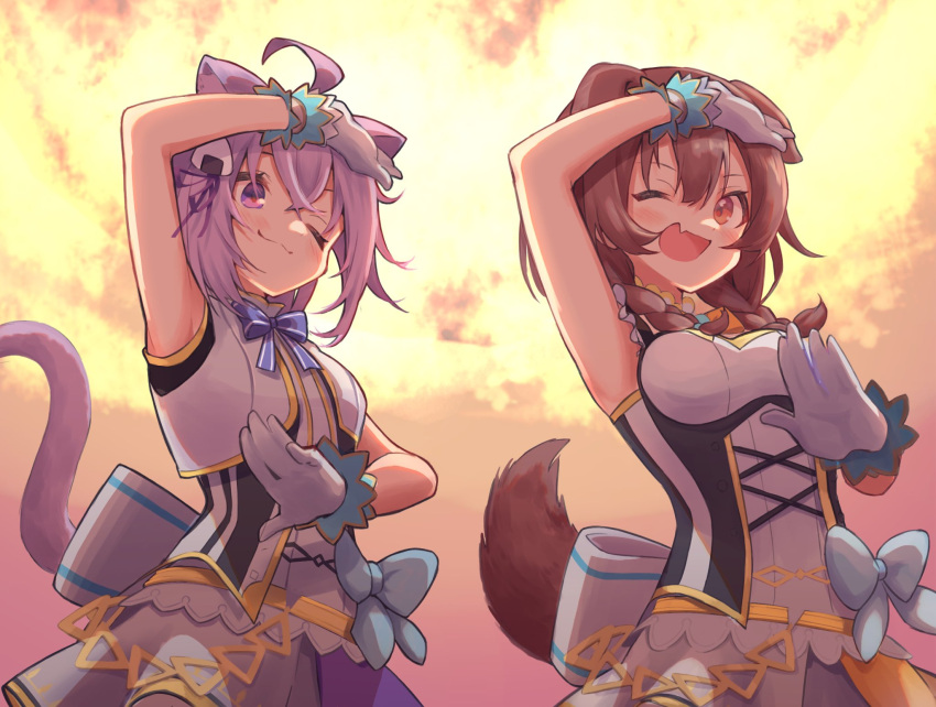 2girls, ahoge, alternate_costume, animal_ears, belt, belt_chain, blue_bow, bow