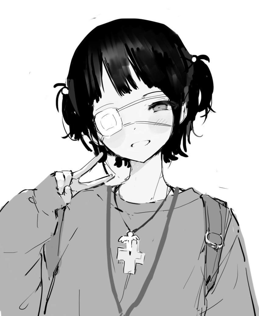 1girl, cross, cross_necklace, eyepatch, grey_shirt, greyscale, highres, jewelry