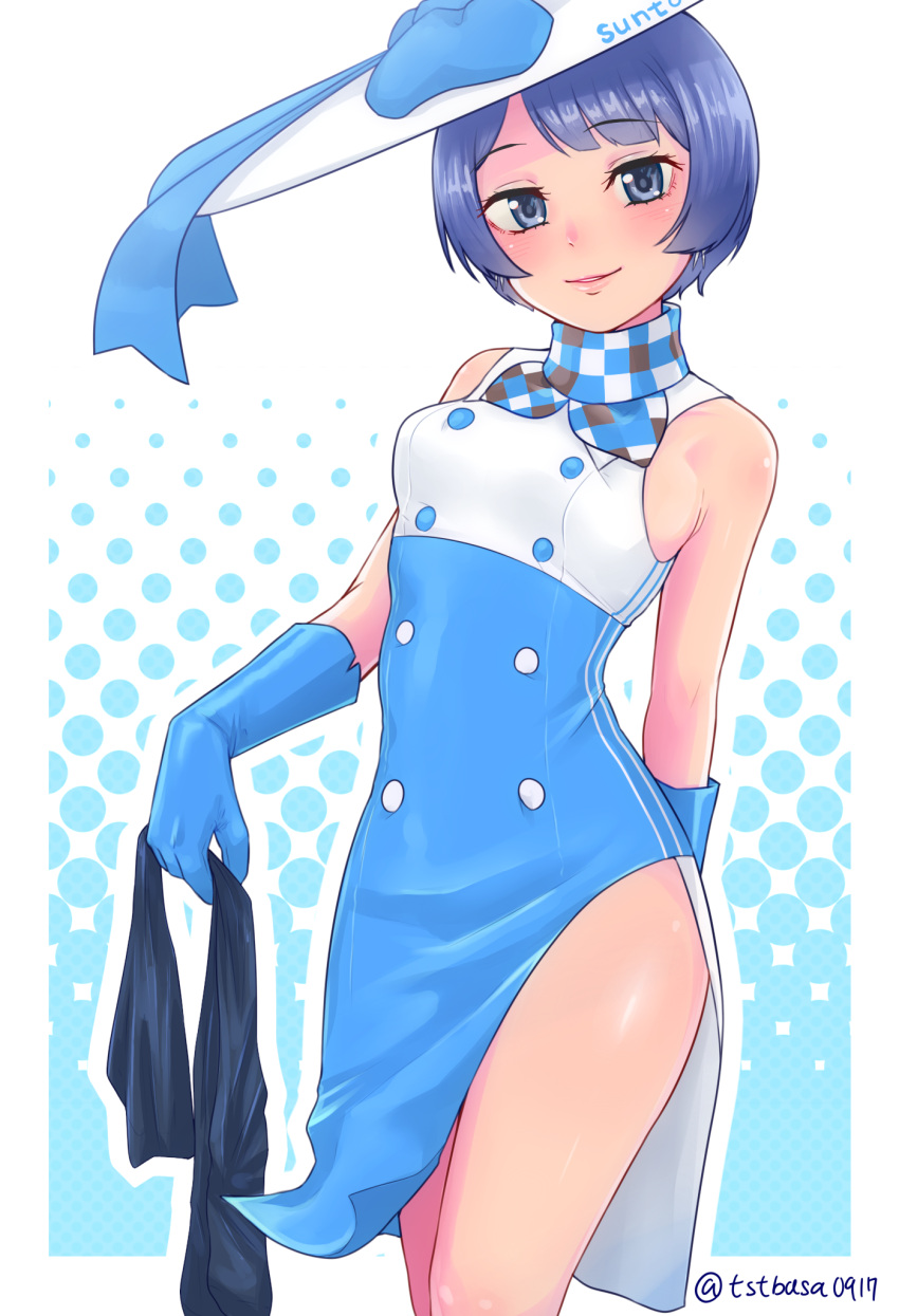 1girl, arm_behind_back, blue_dress, blue_gloves, blue_hair, blush, breasts, dress
