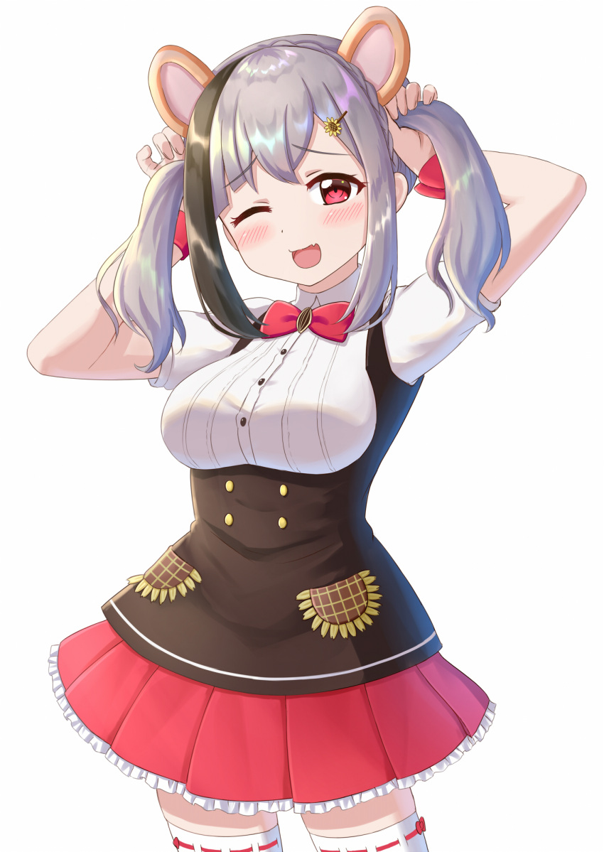 1girl, ;d, alternate_hairstyle, animal_ears, arms_up, black_hair, blush, bow