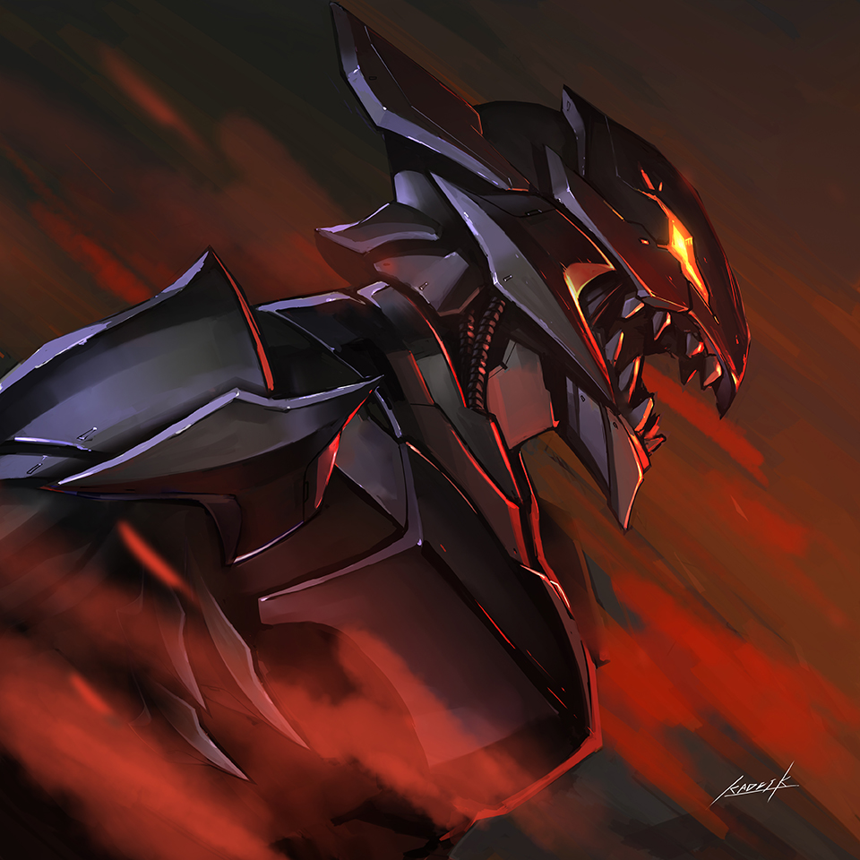 artist_name, borrowed_character, close-up, commission, english_commentary, fire, from_side, glowing, glowing_eye, kadej, looking_down, mecha, no_humans, open_mouth, orange_eyes, original, sharp_teeth, solo, teeth