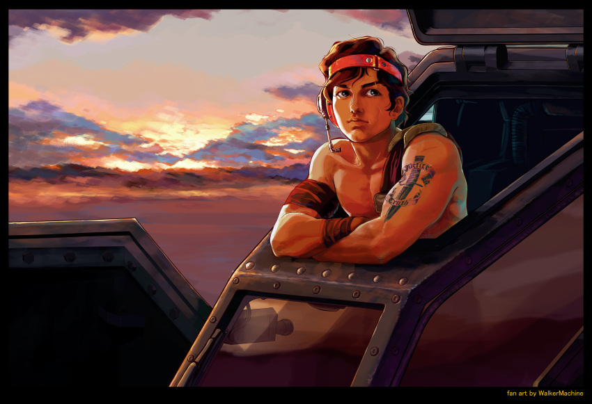 1boy, arm_strap, artist_name, black_eyes, brown_hair, clouds, cockpit, crinn_cashim