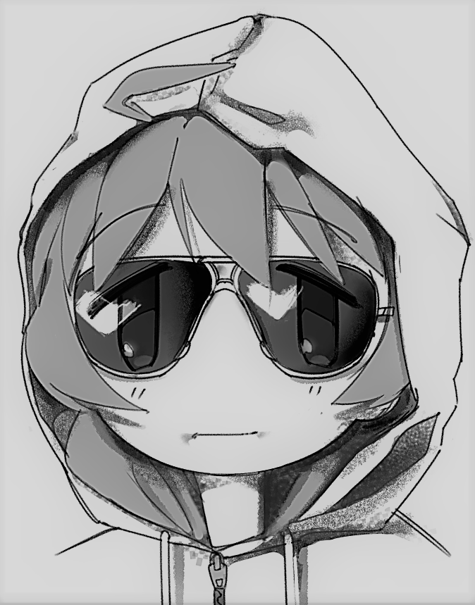ahoge, hood, hoodie, jacket, monochrome, parody, portrait, real_life, shoujo_shuumatsu_ryokou, sunglasses, ted_kaczynski, toorops, unabomber, yuuri_(shoujo_shuumatsu_ryokou)