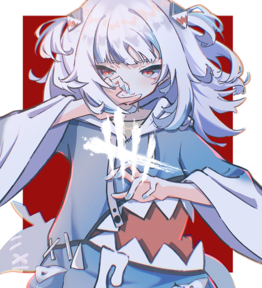 1girl, absurdres, alternate_eye_color, blue_hoodie, blue_nails, chromatic_aberration, claw_pose, dead_by_daylight, eyebrows_visible_through_hair, fingernails, fish_tail, full_burrrrrrst, gawr_gura, hair_ornament, highres, hololive, hololive_english, hood, hoodie, long_hair, looking_at_viewer, messy_hair, multicolored_hair, nail_polish, red_background, red_eyes, shark_hair_ornament, shark_tail, smirk, solo, streaked_hair, tail, tally, tsurime, two_side_up, virtual_youtuber, white_hair