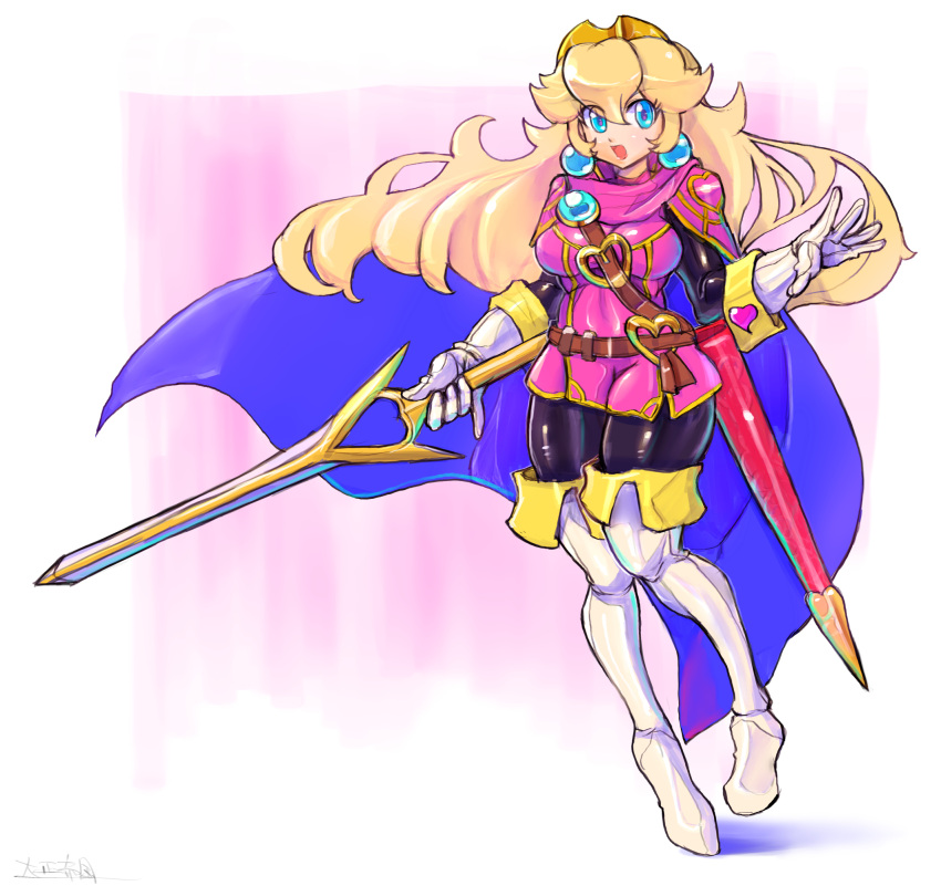 1girl, bangs, blonde_hair, blue_eyes, boots, cape, cosplay, falchion_(fire_emblem)