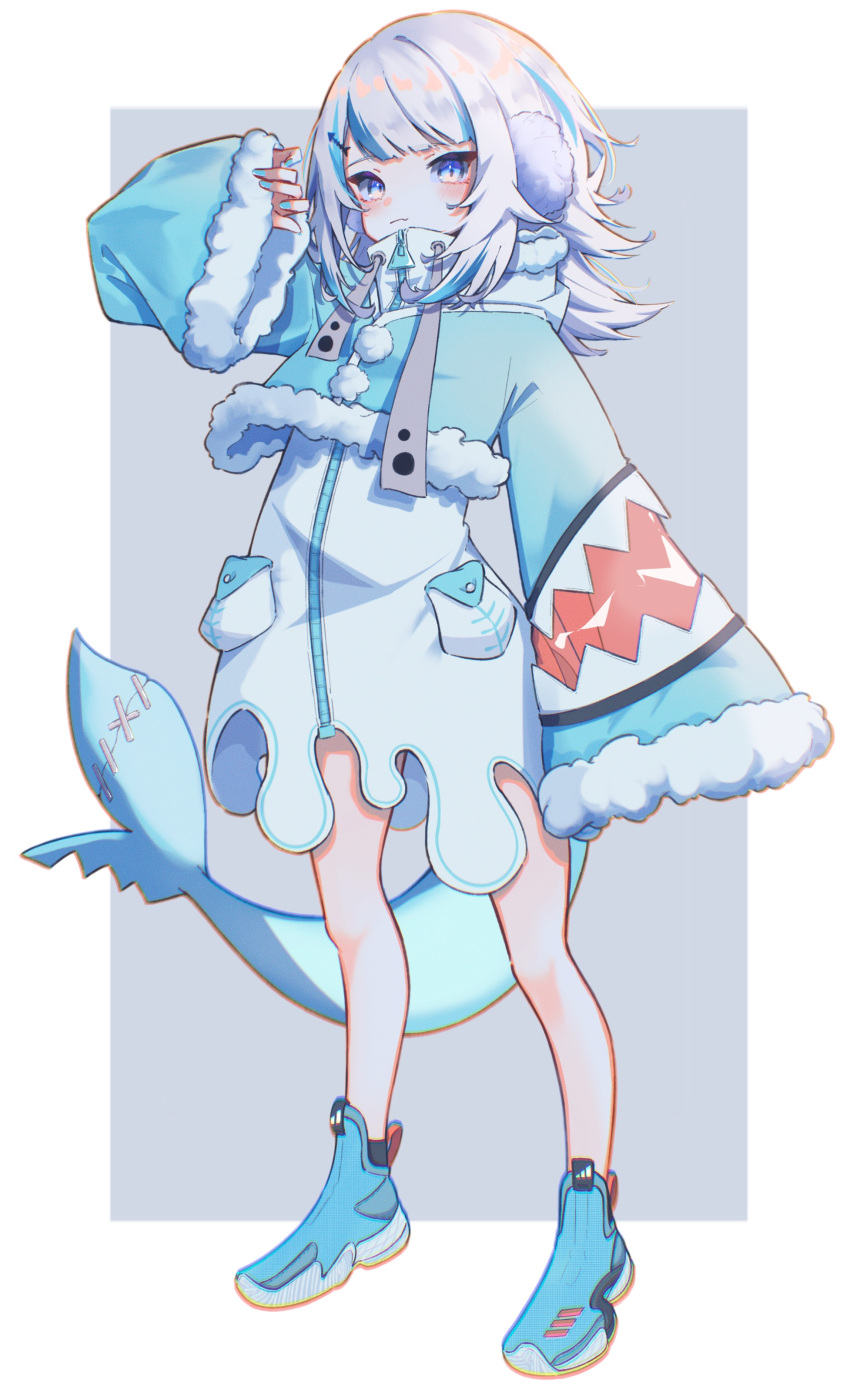 1girl, absurdres, adapted_costume, alternate_costume, alternate_hairstyle, blue_eyes, blue_footwear, blue_nails
