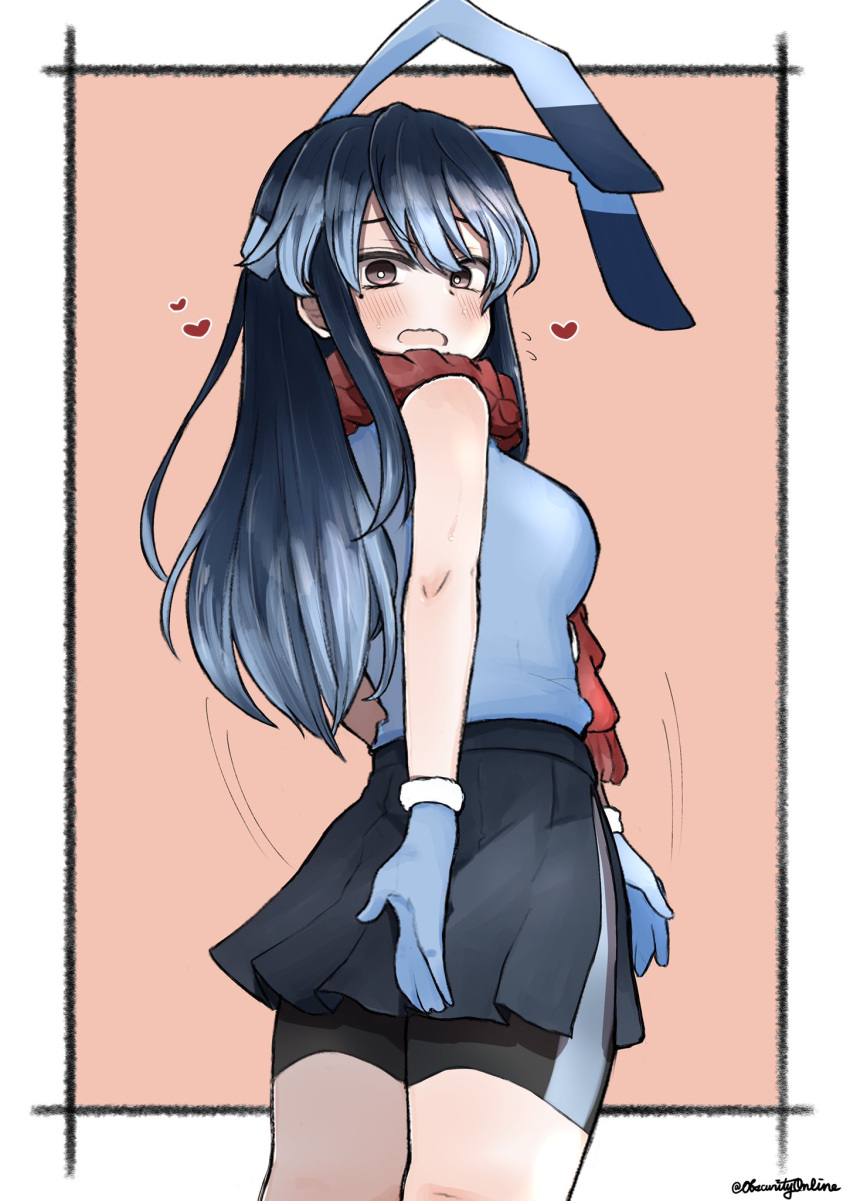 1girl, animal_ears, bike_shorts, black_eyes, black_hair, black_legwear, blue_hair, blush