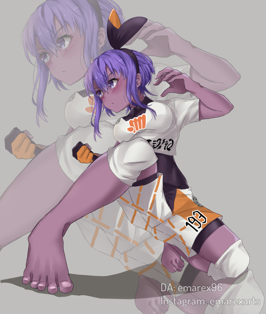 1girl, bangs, barefoot, bea_(pokemon), bea_(pokemon)_(cosplay), blush, bodysuit_under_clothes, bow_hairband
