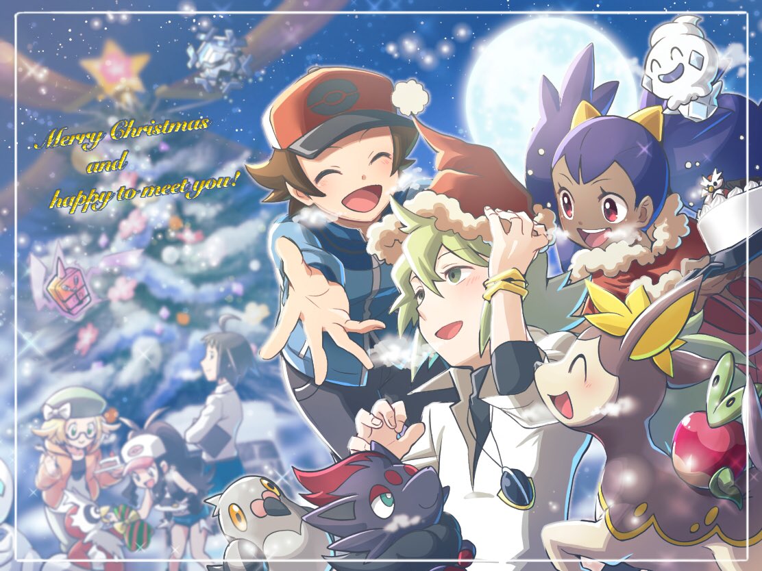 3boys, 3girls, :d, applin, bangs, baseball_cap, bianca_(pokemon), black_pants