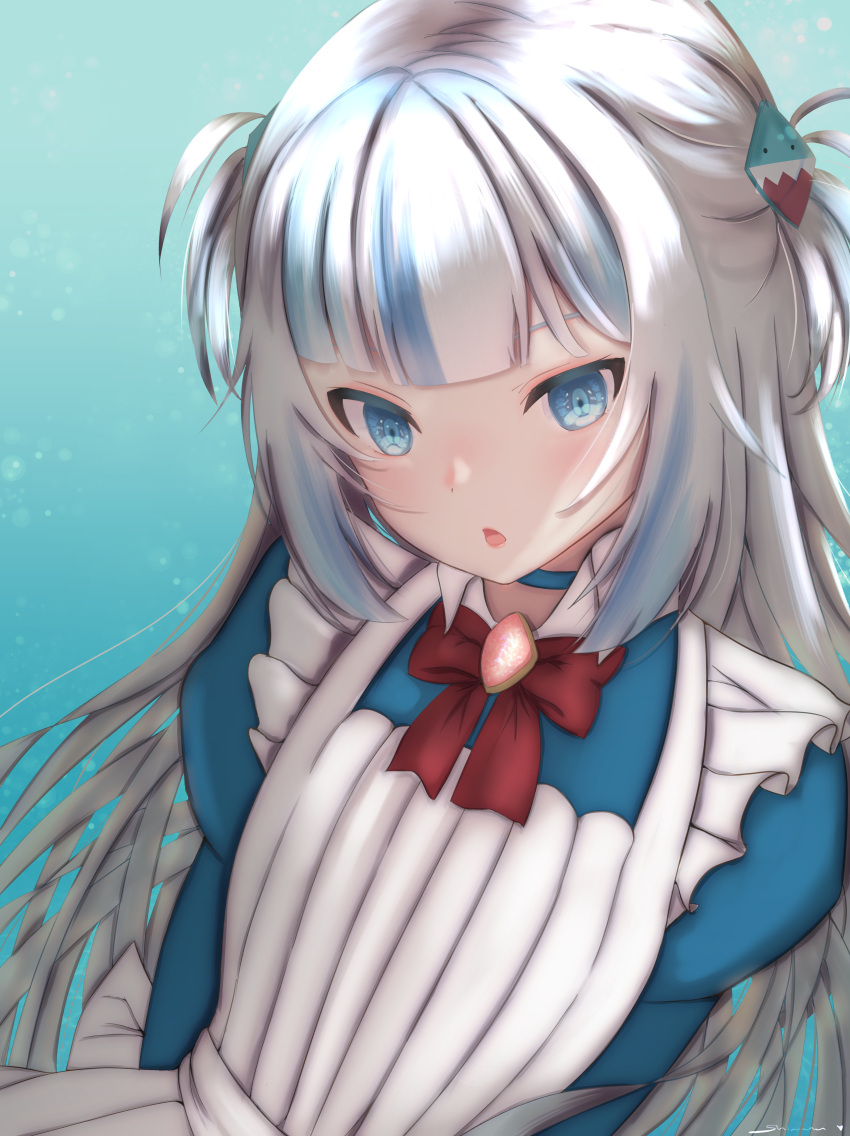 1girl, absurdres, alternate_costume, apron, blue_background, blue_dress, blue_eyes, blue_hair
