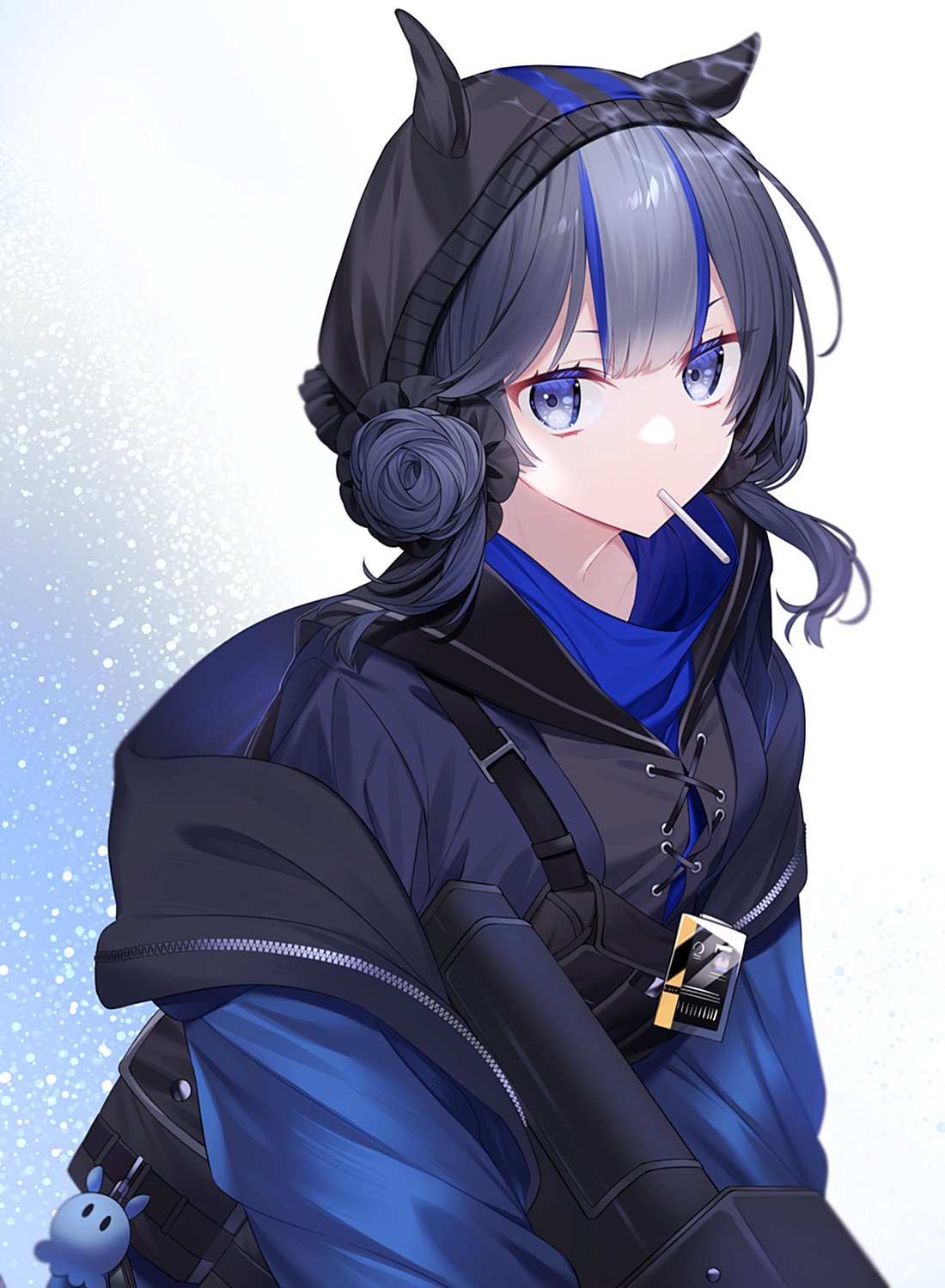 1girl, arknights, bangs, blue_eyes, blue_hair, blue_jacket, candy, commentary_request