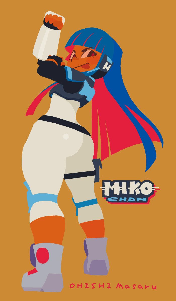 armor, ass, bangs, belt, blue_hair, fingerless_gloves, gauntlets, glitch_techs